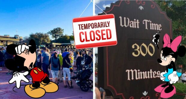 Goofy slumps in exhaustion beside a “Temporarily Closed” attraction sign, while Minnie Mouse gasps at a towering 300-minute wait time display—classic Disney park moments filled with playful frustration and disbelief.