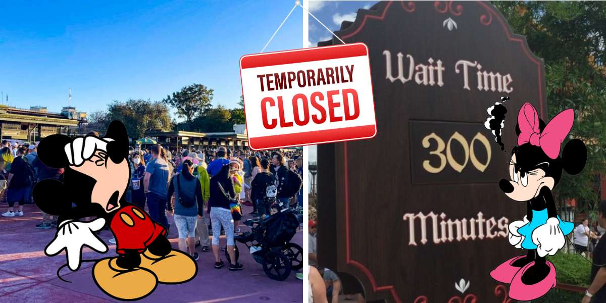 Goofy slumps in exhaustion beside a “Temporarily Closed” attraction sign, while Minnie Mouse gasps at a towering 300-minute wait time display—classic Disney park moments filled with playful frustration and disbelief.