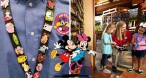 A Disney cast member engages two young guests at a pin trading station, capturing the thrill and interactive fun of Disney Parks pin trading; nearby, a detailed closeup reveals colorful Disney pins displayed on a lanyard.