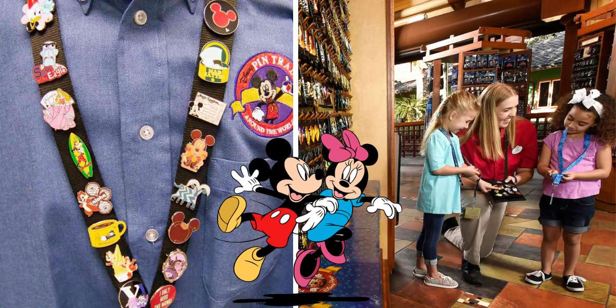 A Disney cast member engages two young guests at a pin trading station, capturing the thrill and interactive fun of Disney Parks pin trading; nearby, a detailed closeup reveals colorful Disney pins displayed on a lanyard.