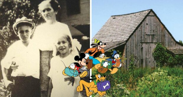 A nostalgic blend of a classic family photo and rustic barn serves as the backdrop for beloved Disney characters—like Mickey and friends—gathered at the center with suitcases, capturing the early spirit and magic of Walt Disney’s childhood home.