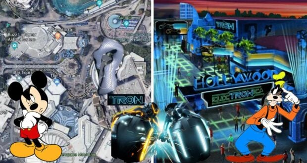 Split image: On the left, a colorful Disney park map highlighted by classic Mickey Mouse; on the right, the Disneyland TRON Lightcycle Coaster area featuring Goofy posing with two futuristic lightcycles in front.