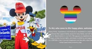 Mickey Mouse holding a DeSantis sign stands beside Donald Duck at Disney World; nearby, the Disney logo is decorated with an LGBTQ+ flag and inviting message, capturing the atmosphere of recent news about Disney's legal and cultural spotlight.