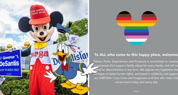 Mickey Mouse holding a DeSantis sign stands beside Donald Duck at Disney World; nearby, the Disney logo is decorated with an LGBTQ+ flag and inviting message, capturing the atmosphere of recent news about Disney's legal and cultural spotlight.