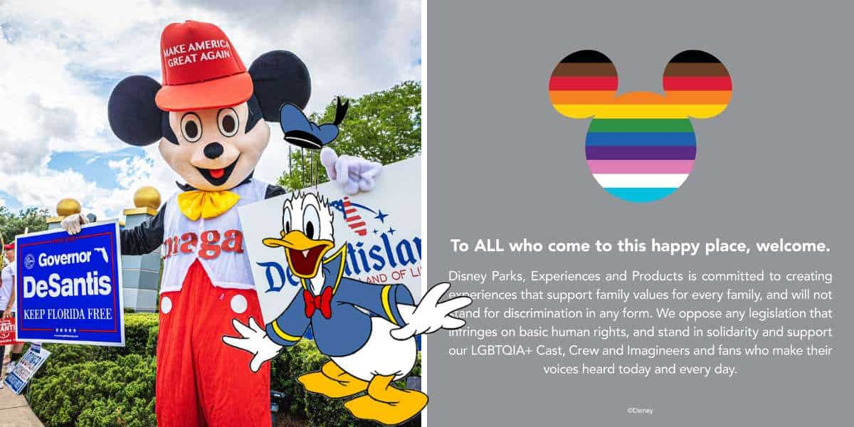 Mickey Mouse holding a DeSantis sign stands beside Donald Duck at Disney World; nearby, the Disney logo is decorated with an LGBTQ+ flag and inviting message, capturing the atmosphere of recent news about Disney's legal and cultural spotlight.