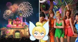 Spectacular fireworks illuminate Cinderella Castle on the left, while five performers dressed as Disney fairies—evoking Tinker Bell—pose together on the right at Magic Kingdom.