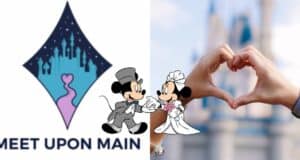 Split image featuring the iconic Disney castle logo, "Meet Upon Main" text in whimsical font, classic wedding artwork of Mickey and Minnie Mouse, and hands forming a heart with Cinderella Castle in the background—capturing the enchanting spirit of Disney Parks and celebrating magical moments with the Meet Upon Main app.