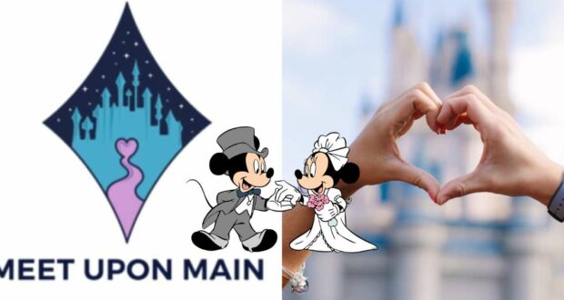 Split image featuring the iconic Disney castle logo, "Meet Upon Main" text in whimsical font, classic wedding artwork of Mickey and Minnie Mouse, and hands forming a heart with Cinderella Castle in the background—capturing the enchanting spirit of Disney Parks and celebrating magical moments with the Meet Upon Main app.