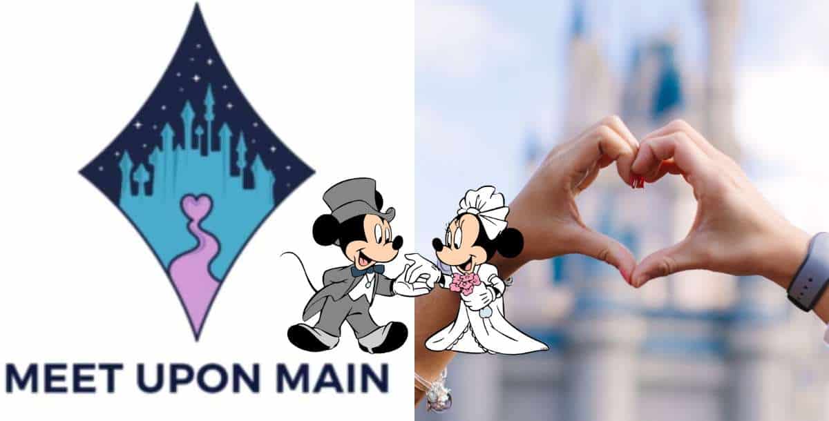 Split image featuring the iconic Disney castle logo, "Meet Upon Main" text in whimsical font, classic wedding artwork of Mickey and Minnie Mouse, and hands forming a heart with Cinderella Castle in the background—capturing the enchanting spirit of Disney Parks and celebrating magical moments with the Meet Upon Main app.