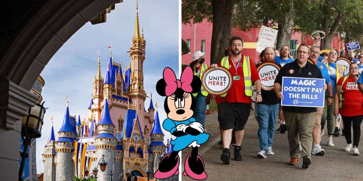 Minnie Mouse stands in front of the iconic Disney castle as cast members march by with protest signs, drawing attention to a movement for improved wages and working conditions within the Disney parks.