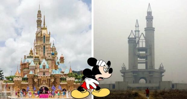 Mickey Mouse stands between a vibrant, enchanting Disney castle and a gray, misty, decaying castle reminiscent of the abandoned Disney park in China, highlighting a striking contrast between magical wonder and faded dreams.