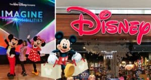 Mickey and Minnie Mouse welcome a guest outside a brand-new Disney Store, standing beneath the uplifting "Imagine the Possibilities" sign, capturing the signature magic and excitement Disney fans love.
