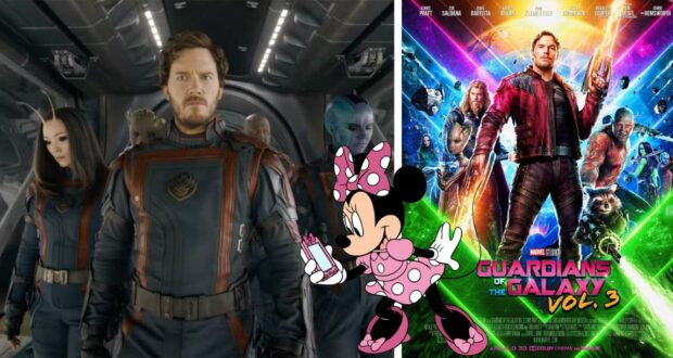Minnie Mouse poses in front of the Guardians of the Galaxy Vol. 3 cast and an eye-catching movie poster, bringing Disney magic to a Marvel-themed setting.