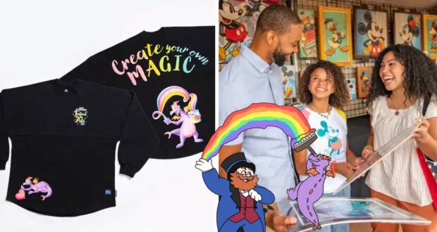 Create your own Magic" black tee featuring a vibrant Figment design from Disney’s latest Figment merchandise collection; guests beaming at a Disney park art kiosk.