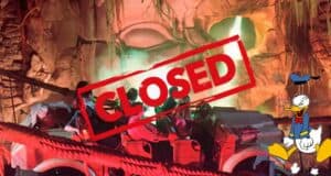 Indiana Jones Adventure closed sign featuring a bold "CLOSED" stamp, dramatic swirling fog effects creating a mysterious atmosphere, and Donald Duck appearing in the lower right corner.