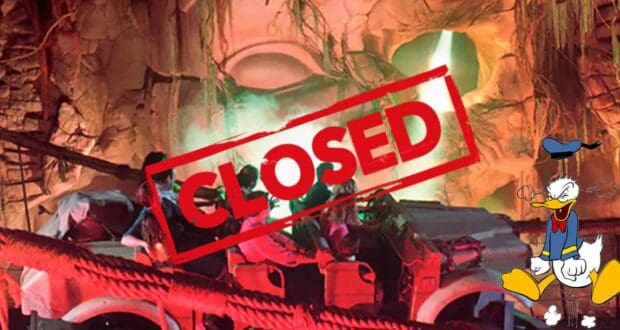 Indiana Jones Adventure closed sign featuring a bold "CLOSED" stamp, dramatic swirling fog effects creating a mysterious atmosphere, and Donald Duck appearing in the lower right corner.