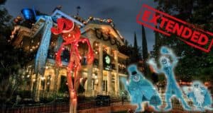 Haunted Mansion Holiday at Disneyland, featuring the iconic mansion aglow with festive lights, a bold red "EXTENDED" stamp signaling more time to enjoy the attraction, and eerie blue ghosts welcoming fans at the entrance.