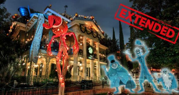 Haunted Mansion Holiday at Disneyland, featuring the iconic mansion aglow with festive lights, a bold red "EXTENDED" stamp signaling more time to enjoy the attraction, and eerie blue ghosts welcoming fans at the entrance.
