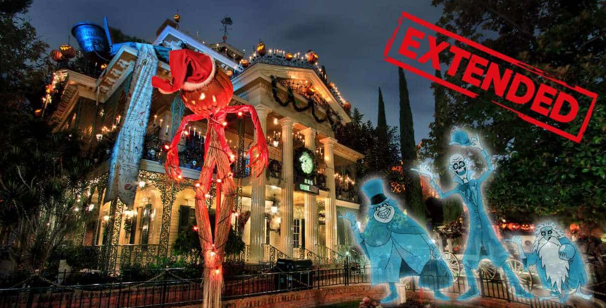 Haunted Mansion Holiday at Disneyland, featuring the iconic mansion aglow with festive lights, a bold red "EXTENDED" stamp signaling more time to enjoy the attraction, and eerie blue ghosts welcoming fans at the entrance.