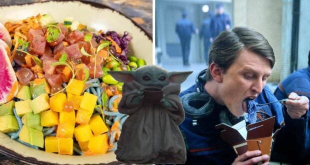A vibrant poke bowl, Grogu savoring Star Wars blue noodles reminiscent of Galaxy’s Edge treats, and a guest enthusiastically enjoying themed noodles, all featured in an immersive three-panel layout.