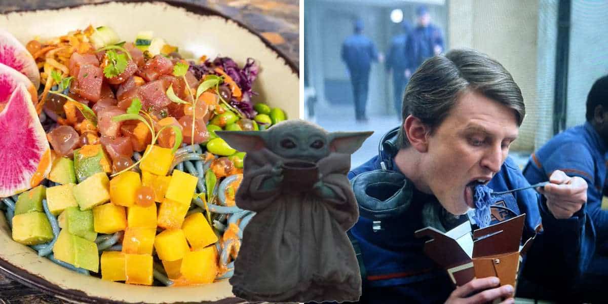 A vibrant poke bowl, Grogu savoring Star Wars blue noodles reminiscent of Galaxy’s Edge treats, and a guest enthusiastically enjoying themed noodles, all featured in an immersive three-panel layout.