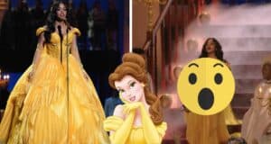 H.E.R. as Belle dazzles on stage in a shimmering yellow ball gown, with the classic Belle cartoon and a surprised emoji adding Disney magic, set against an enchanting staircase backdrop—capturing Beauty and the Beast’s fairytale elegance for theme park fans.