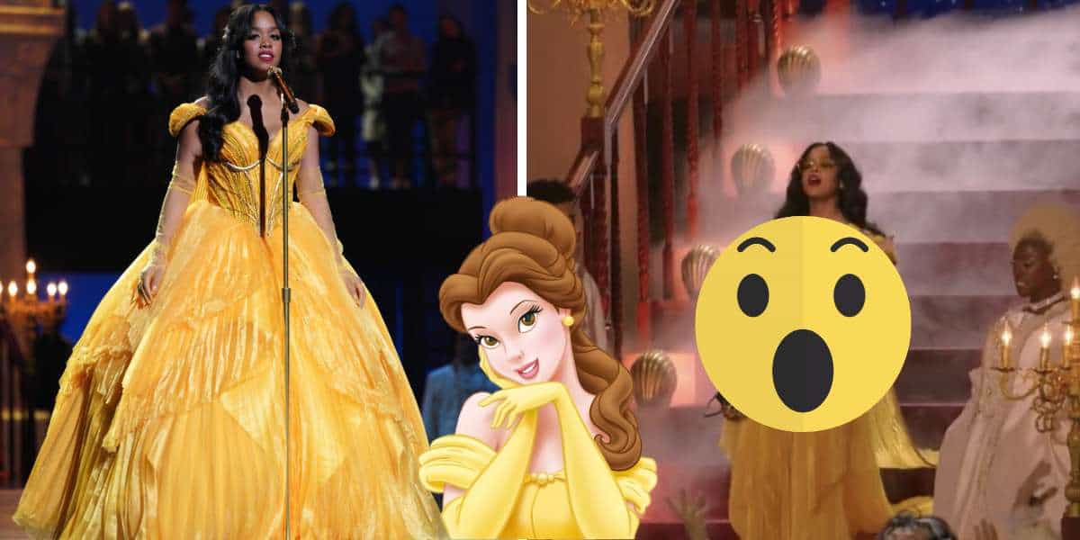 H.E.R. as Belle dazzles on stage in a shimmering yellow ball gown, with the classic Belle cartoon and a surprised emoji adding Disney magic, set against an enchanting staircase backdrop—capturing Beauty and the Beast’s fairytale elegance for theme park fans.