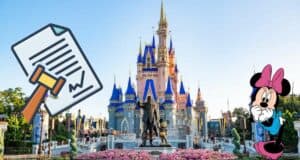 Minnie Mouse stands next to a whimsical cartoon contract in front of Cinderella Castle at Disney World, set against a brilliant blue sky, capturing the enchanting spirit that makes property tax talk feel miles away from the park’s iconic magic.