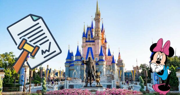 Minnie Mouse stands next to a whimsical cartoon contract in front of Cinderella Castle at Disney World, set against a brilliant blue sky, capturing the enchanting spirit that makes property tax talk feel miles away from the park’s iconic magic.