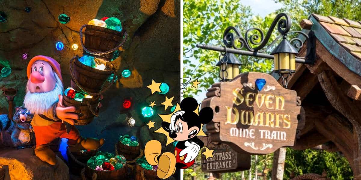 An animatronic dwarf holding sparkling gems inside the Seven Dwarfs Mine Train attraction, with the ride’s entrance nearby showcasing a playful Mickey Mouse illustration, inviting guests to embark on this magical Disney adventure.