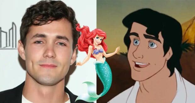 Prince Eric from The Little Mermaid appears alongside Ariel and another animated character, all displayed together against a vibrant, split-themed backdrop reminiscent of Disney entertainment.