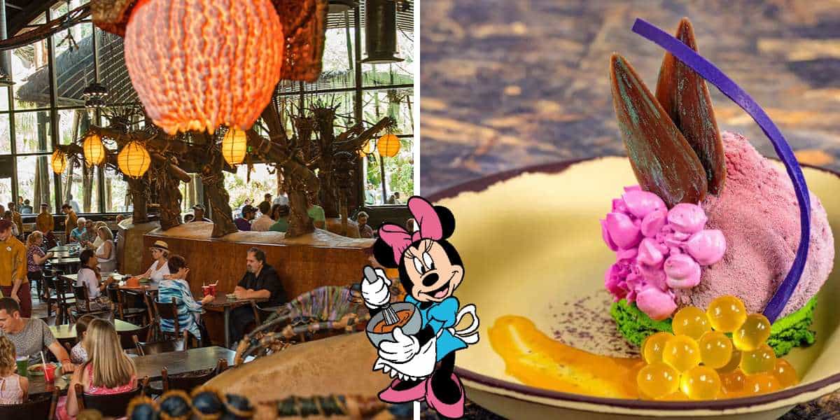 On the left, the bustling interior of a themed Disney restaurant; on the right, a vibrant dessert and Minnie Mouse illustration inspired by Avatar Pandora’s imaginative world at Disney World.
