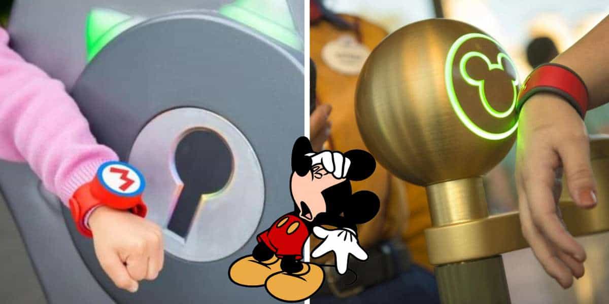 At Universal Studios’ Super Nintendo World, one child proudly scans a Mario Power-Up Band while another swipes a Mickey wristband nearby. Between them, an animated cartoon of a disappointed Mickey Mouse pops up onscreen, playfully showcasing the friendly competition between Universal and Disney fans.