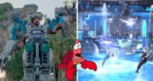 Mech suit showcase, the beloved cartoon crab, and dolphins wowing the crowd with a James Cameron-style stunt in our spectacular aquatic arena—an unbeatable split-screen lineup for theme park fans.
