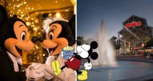 Mickey and Minnie Mouse greet each other enthusiastically, gearing up for a magical Disney AMC movie marathon; the iconic AMC theater glows in the background, with classic cartoon Mickey enjoying popcorn to the right.