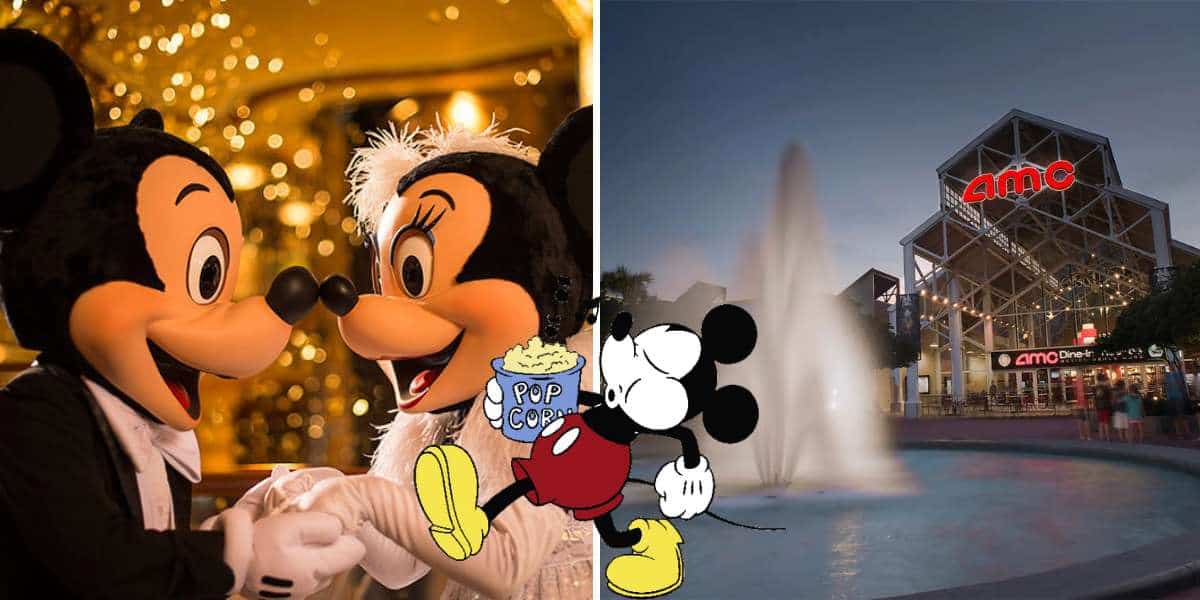 Mickey and Minnie Mouse greet each other enthusiastically, gearing up for a magical Disney AMC movie marathon; the iconic AMC theater glows in the background, with classic cartoon Mickey enjoying popcorn to the right.
