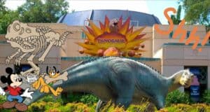Mickey Mouse and Pluto join dinosaur skeletons for a fun photo op in front of the DINOSAUR attraction at Disney’s Animal Kingdom, with a lively “Shh!” adding to the playful atmosphere.