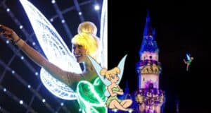 Tinker Bell soars across the night sky near Cinderella Castle, lighting up the dazzling Disney nighttime spectacular, with her iconic image featured in the foreground.