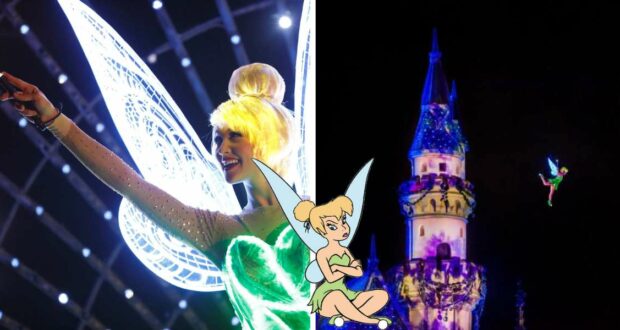 Tinker Bell soars across the night sky near Cinderella Castle, lighting up the dazzling Disney nighttime spectacular, with her iconic image featured in the foreground.