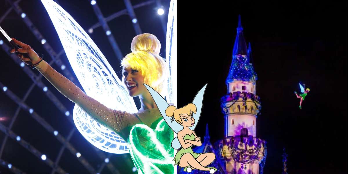 Tinker Bell soars across the night sky near Cinderella Castle, lighting up the dazzling Disney nighttime spectacular, with her iconic image featured in the foreground.