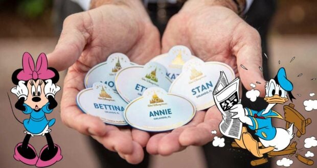 A Disney World cast member displays a collection of official name tags, with vibrant Minnie Mouse and Donald Duck illustrations framing the treasured badges—a nostalgic tribute to Disney’s magical in-park tradition.