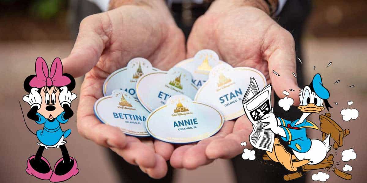 A Disney World cast member displays a collection of official name tags, with vibrant Minnie Mouse and Donald Duck illustrations framing the treasured badges—a nostalgic tribute to Disney’s magical in-park tradition.