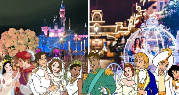 Beloved Disney princesses and princes gathered in front of Cinderella Castle and a royal carriage, surrounded by enchanting décor at a magical Fairy Tale Weddings Showcase celebration in the heart of Walt Disney World Resort.