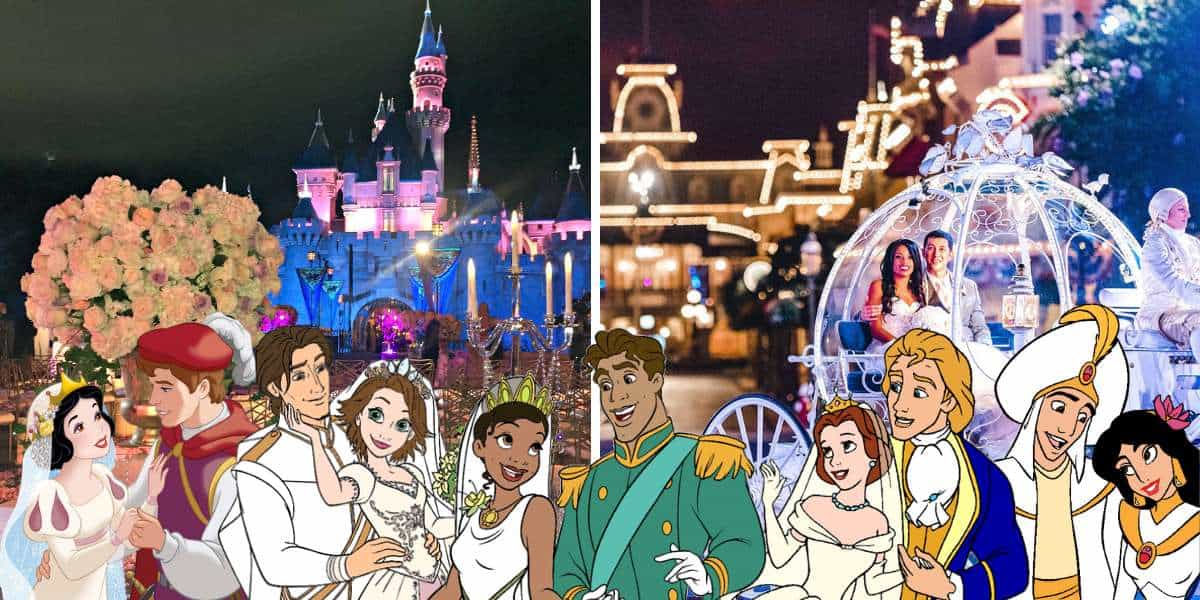 Beloved Disney princesses and princes gathered in front of Cinderella Castle and a royal carriage, surrounded by enchanting décor at a magical Fairy Tale Weddings Showcase celebration in the heart of Walt Disney World Resort.
