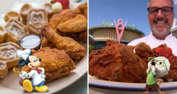 Mickey-shaped waffles and Disneyland’s famous fried chicken served up on a retro diner plate, with the chef proudly smiling beside his signature dish—an iconic taste of Disney magic for fans and foodies alike.