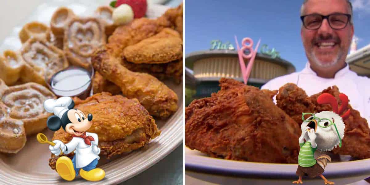 Mickey-shaped waffles and Disneyland’s famous fried chicken served up on a retro diner plate, with the chef proudly smiling beside his signature dish—an iconic taste of Disney magic for fans and foodies alike.