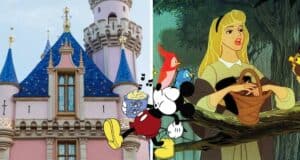 Mickey Mouse enjoys popcorn in front of the iconic Disney castle, capturing the enchanting spirit of Disney parks and their classic films; nearby, Princess Aurora serenades woodland birds beneath forest trees.