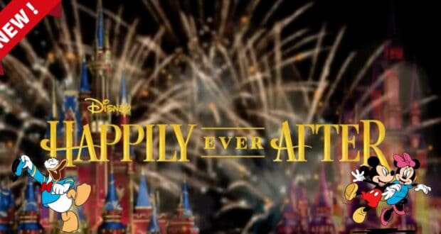 Fireworks light up the night sky above Cinderella Castle as the words "Happily Ever After" glow in brilliant lights. Mickey, Minnie, and Donald Duck greet guests from either side of the castle, bringing to life the heartwarming magic of Disney’s Happily Ever After nighttime spectacular at Magic Kingdom.