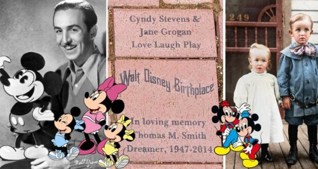 Classic black-and-white photos showcase the Walt Disney Birthplace, with Walt Disney himself, iconic Disney characters like Mickey Mouse and Minnie Mouse, and two children enjoying the magic; an engraved commemorative brick is displayed at the center.