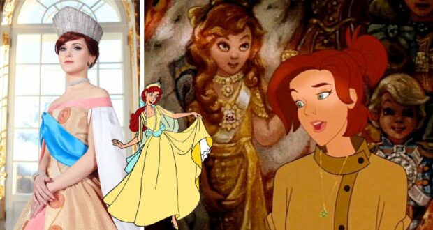 Anastasia greets visitors in her royal gown alongside iconic scenes from the animated film, capturing the magical spirit of a Walt Disney World Anastasia experience.